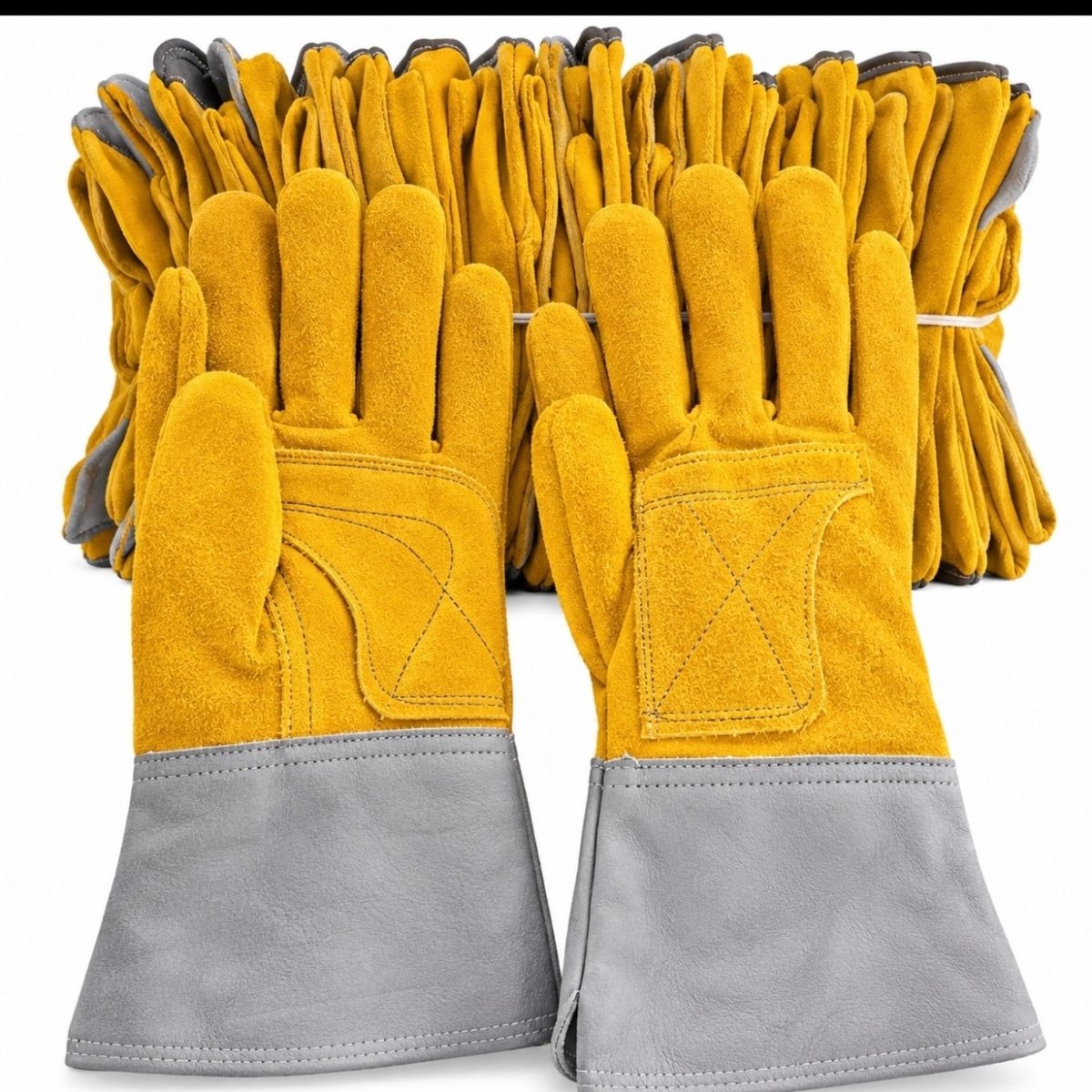 Atado de 25 pares de guantes carnaza largos con puño de piel 